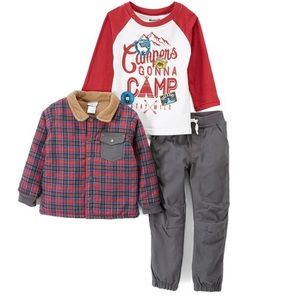 Boys Red Plaid Jacket, pants & long sleeve Tee Set